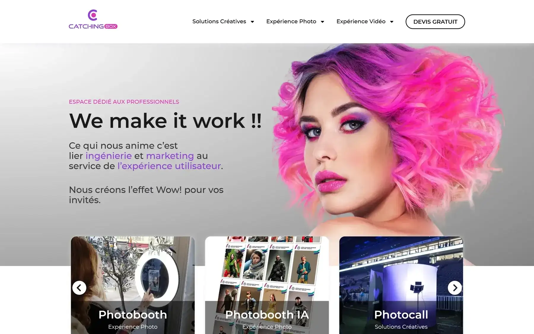 Accueil de pro.catchingbox.com : titre « We make it work » et carrousel des prestations.