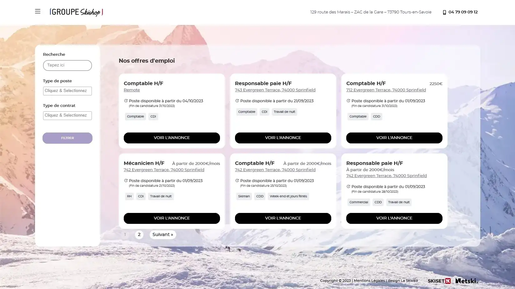 Page des offres d’emploi du groupe Skishop, avec son panneau de filtres.